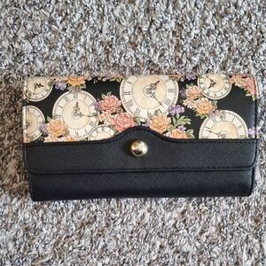 Floral Clock Print Black Trifold Wallet